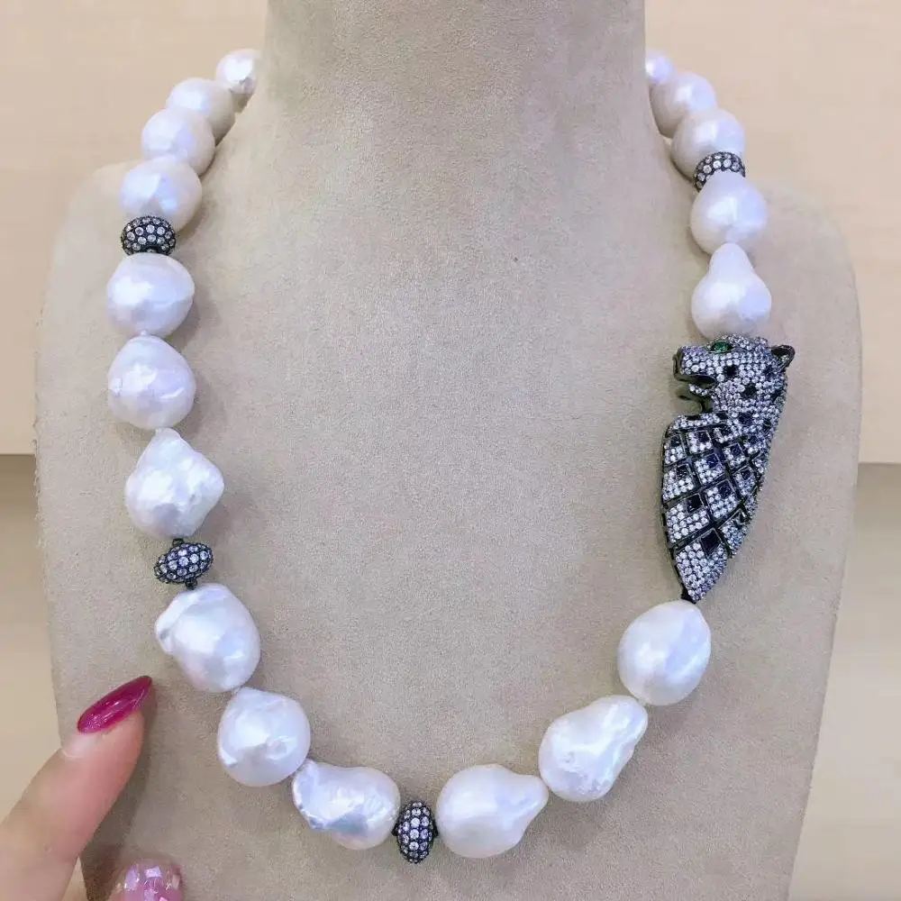 

baroque natural fresh water pearl necklace 925 sterling silver with cubic zircon leopard 45CM animal necklace free shipping