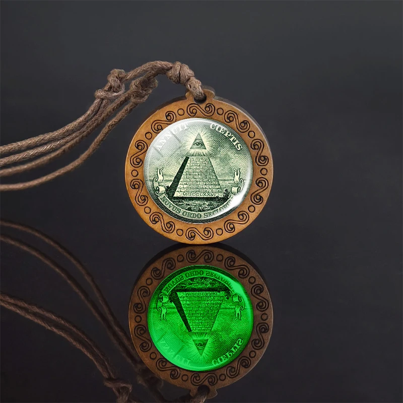 All Seeing Eye Luminous Wooden Necklace Eye of Providence Wood Carved Pendant Vintage Ropechain Necklace Pyramid Glowing Jewelry