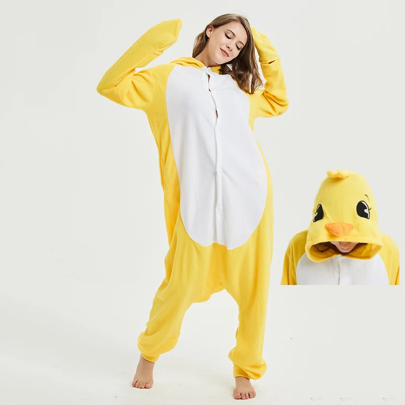 Yellow chick Animal Women Pajama Suit Sleepwear Homewear Adult Onesie Funny Polar Fleece Winter Pijamas Party Costume