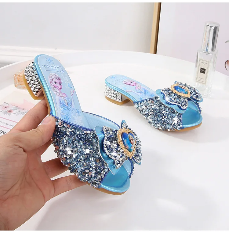 2021 Disney Girls Summer Sandals Slipper Sequined Princesse Children High Heel Party Dress Elsa Shoes Leather Slipper for Girls