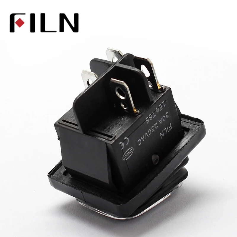 FILN Kcd4 Heavy Duty Four Foot Waterproof on Off Sliver Contact Point Copper Pin Green Red Led Lamp 220v 30A Rocker Switch
