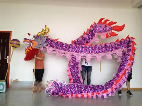 Fantasia de celebração do festival folclórico chinês, 4m de comprimento, tamanho 5, tecido estampado de seda, 4 estudantes, dança do dragão chinês, dragão original