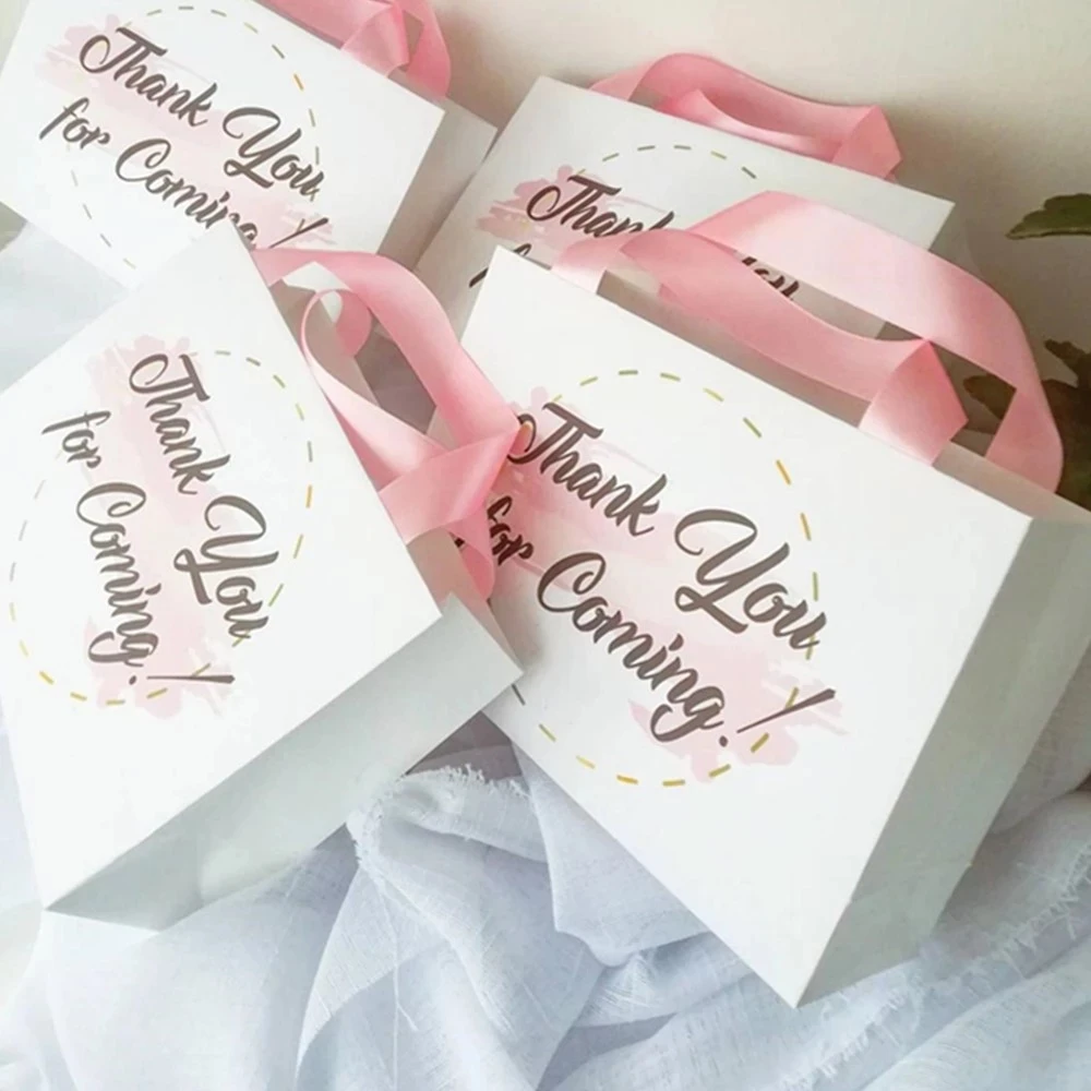 Personalized Thank You Gift Paper Bags with pink satin ribbon 8 x 5.5 x 2.75 inches (20x14x7 cm) Custom small Paper Bag