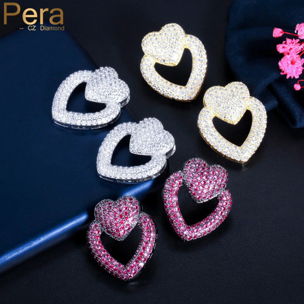 Pera Romantic Love Heart Shape Full White Red CZ Zircon Pave Setting Women Engagement Party Stud Earrings Fashion Jewelry E778