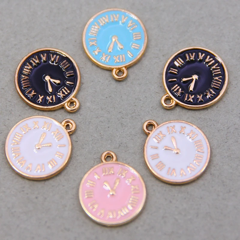 6PCS/Lot 15*17mm Fashion Small Clock Shape Charms  Gold Color Tone Enamel DIY Bracelet Floating Charms