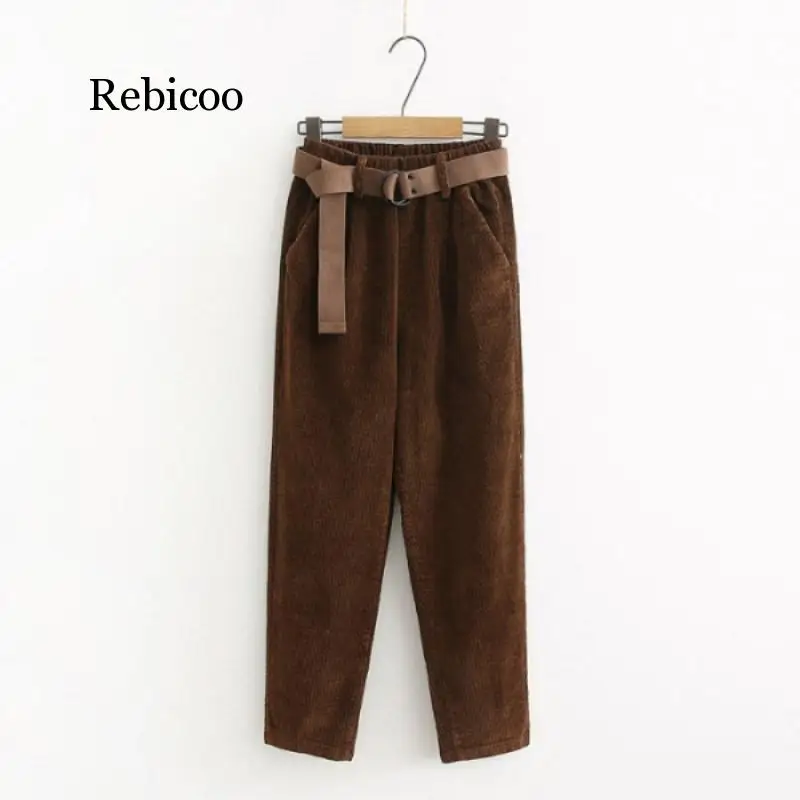 Corduroy Pants Harem Pants Autumn Winter Women Pants Elastic Waist Sashes Casual Black Trousers pantalones mujer cintura alta