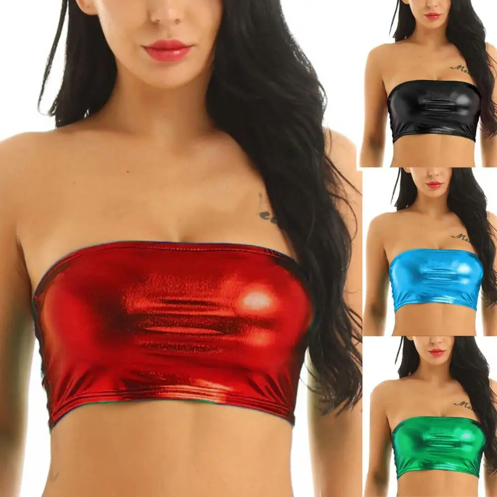 

Women Sexy Solid Color Shiny Strapless Cropped Tube Top Party Club Bandeau Bra Elastic Boob Bandeau Tube Tops Shirt Cami Top