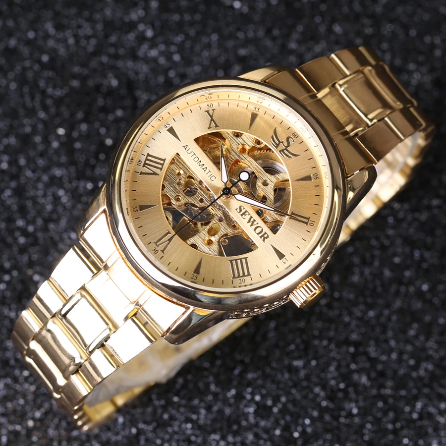 SEWOR Watch Luxury Business Gold Watch Men Skeleton Watches Full Steel Automatic Mechanical Wristwatches Clock Relogio Masculino