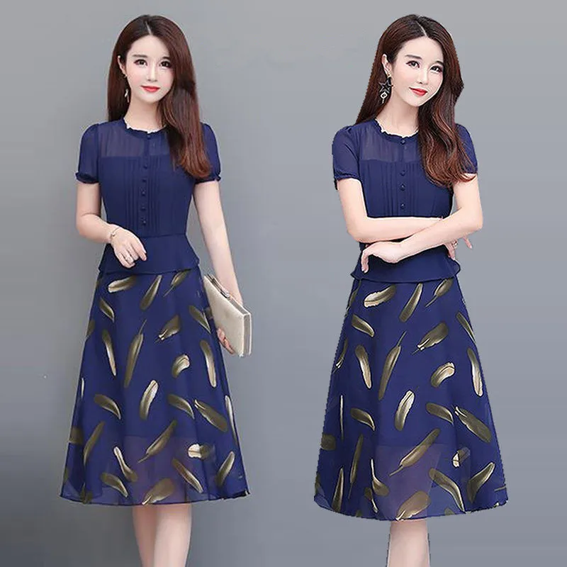 Gaun UHYTGF Gaun Sifon Pullover Kancing Sebaris Fashion Wanita Gaun Musim Panas Ramping Lengan Pendek Gaun Ukuran Besar Korea 937