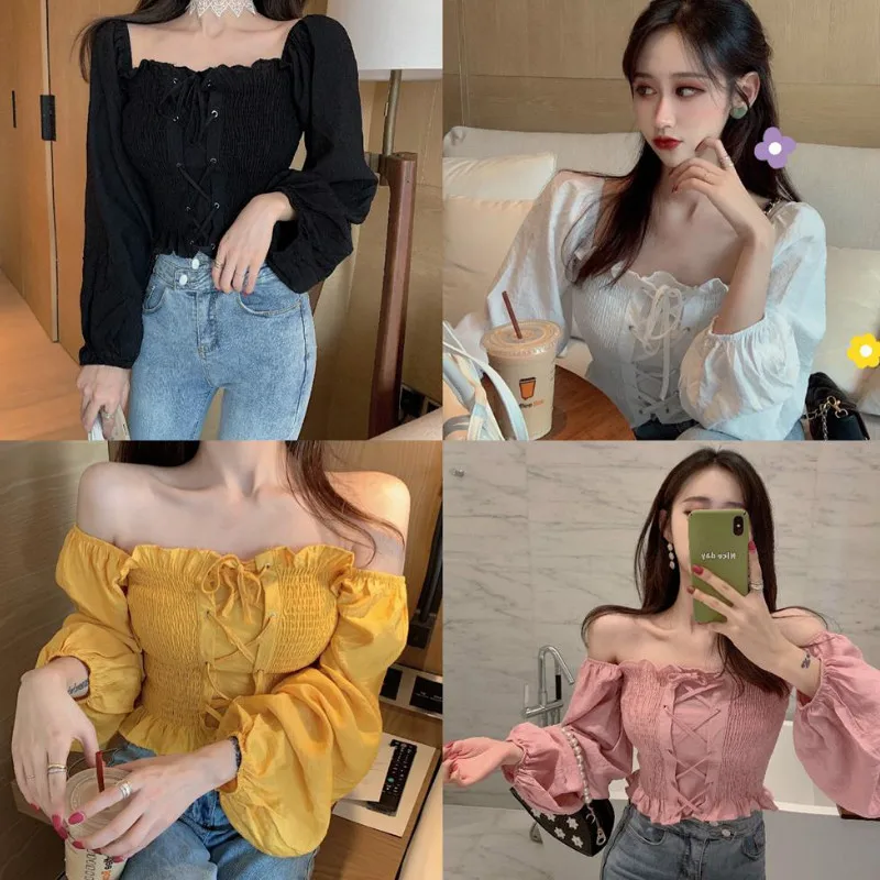 Shirts Women Square Collar Solid Bandage Sexy Korean Style Chic Leisure New Arrival Vintage Streetwear Womens Daily Fashion