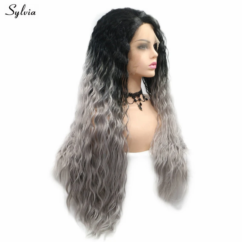 13x4 sintético gris oscuro peluca 26 pulgadas colores pelucas Ombre negro peluca con malla Frontal rizado destacar Frontal Cosplay cabello para las mujeres negras