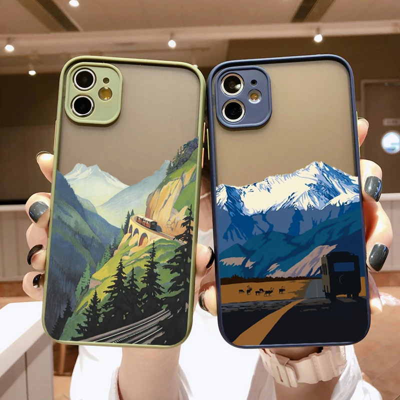 Aesthetic Art Hand Painted Pattern Mountain Scenery Phone Case for iphone 11 12 13 14 15 Pro Max 15 14 7 8 Plus SE X XR XS Cover