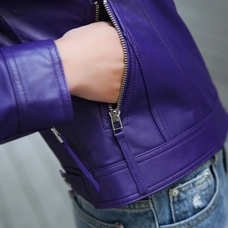 Purple New Women Genuine Leather Motorcycle Jackets Fashion Zipper High Street Real Sheep Leather Jacket Coats Ladies Clothes