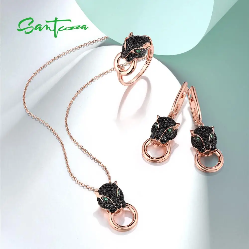SANTUZZA 925 Sterling Silver Jewelry Set For Women Animal Black Leopard Panther Ring Earrings Pendant Set Spinel Fine Jewelry