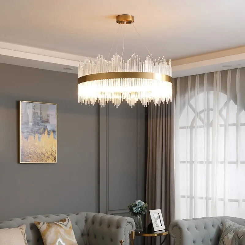 Modern Crystal Chandelier, Round Crystal Gold LED Hanging Ceiling Light, 3-Way Dimmable Pendant Lights Fixture for Dining Room,