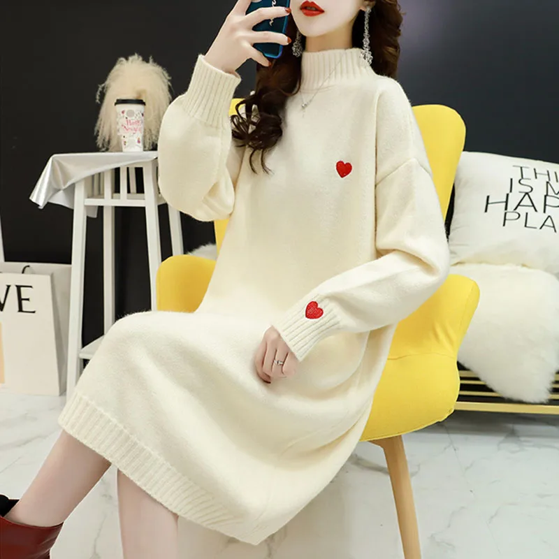 

Women Beige Knitted Dress Autumn Heart Embroidery Loose Long Sleeve Robe Pull Femme Mid-Length Elegant Dresses Ropa De Mujer