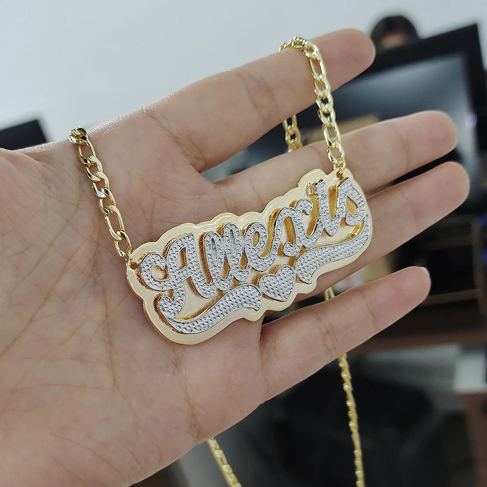 2021 Custom Necklace Double Gold plated Nameplate 3D Necklace Personalized Necklaces Name with Heart Shaped Cuban Chain Necklace