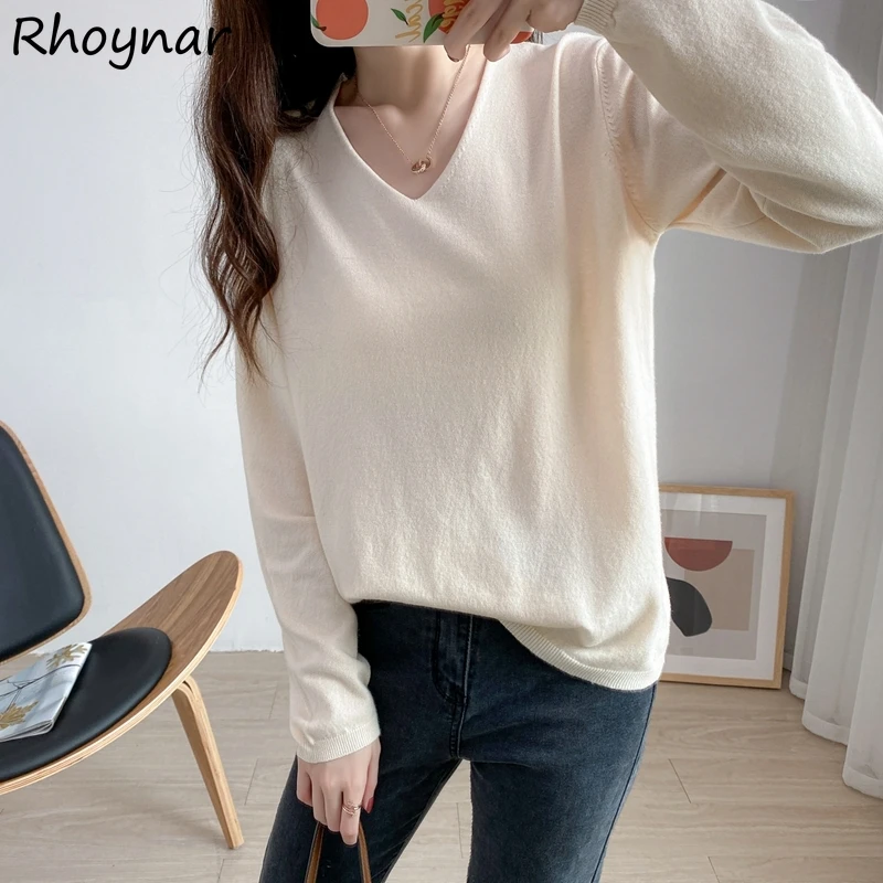 

Sweater Pullovers Womens Knitwear Trendy Autumn V-neck Loose Elegant Ulzzang Simple New Leisure Chic Solid Daily Soft Fit Female