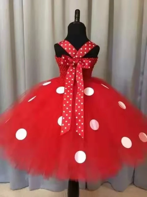 Girls Red Mickey Tutu Dress Kids Crochet Tulle Straps Dress Ball Gown with Hairbow Children Birthday Party Costume Cosplay Dress