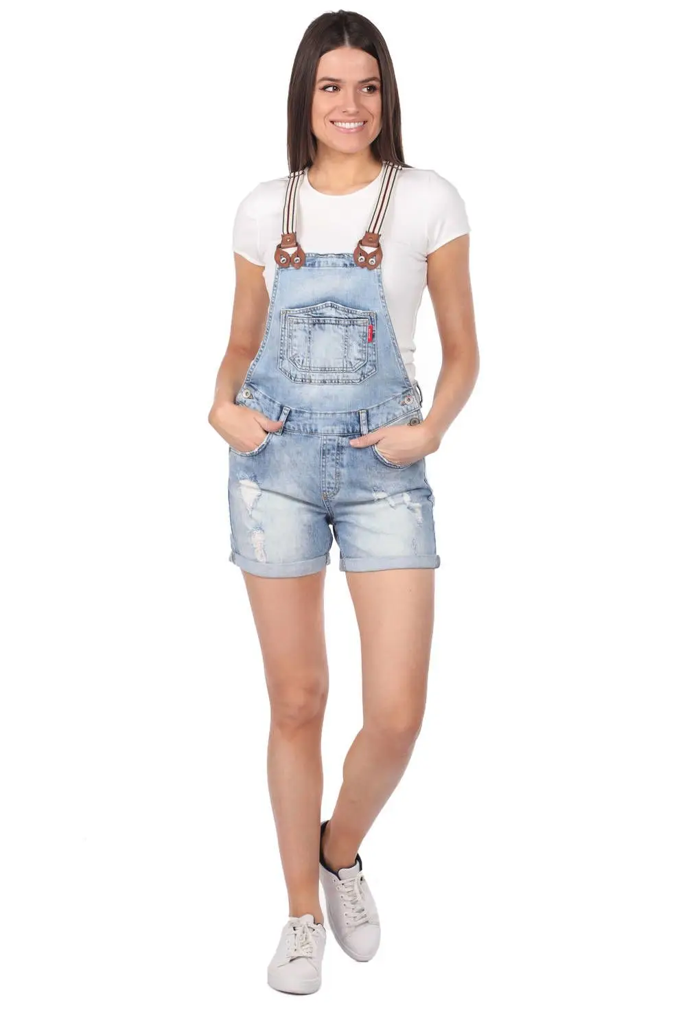 Blue White Women Jean Jumpsuit Shorts