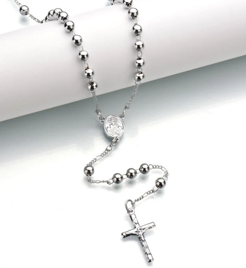 Personality Gold Plated Cross Rosary Pendant Necklace Jesus Beads Cross Hip Hop Necklace Long Chain for Men Women Jewelry Gifts