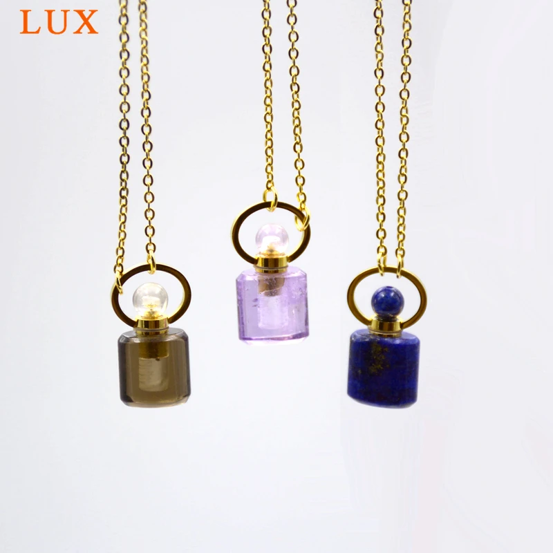 Mini Crystal Necklace, Smoky Quartz/Amethyst/Lapis Perfume Bottle Pendant, Gemstone Vial Charm Necklace for Women