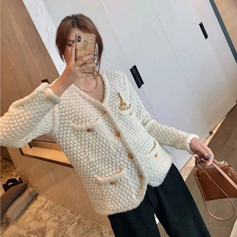 

Women Elegant Knitted Jacket Loose Fit V Neck Single Breasted Office Ladies Outwear Coat Pockets Knitwear Long Sleeve Jackets