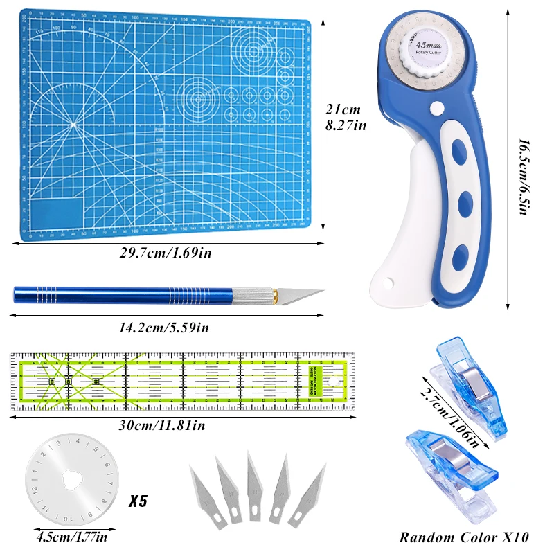 KAOBUY 45 mm Rotary Cutter Set-Fabric Cutter with Bag A4 Self Healing Cutting Mat Blades and Craft Knife Clip for Quilting