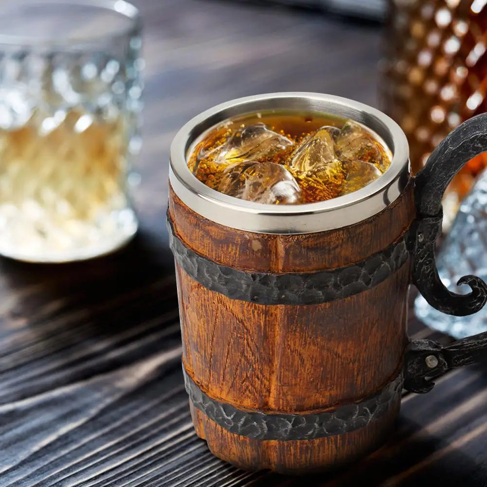 Original Viking Drinking Mug Simulation Wooden Barrel Beer Cup Double Stainless Steel Mug Gift Home Cup Wood Color
