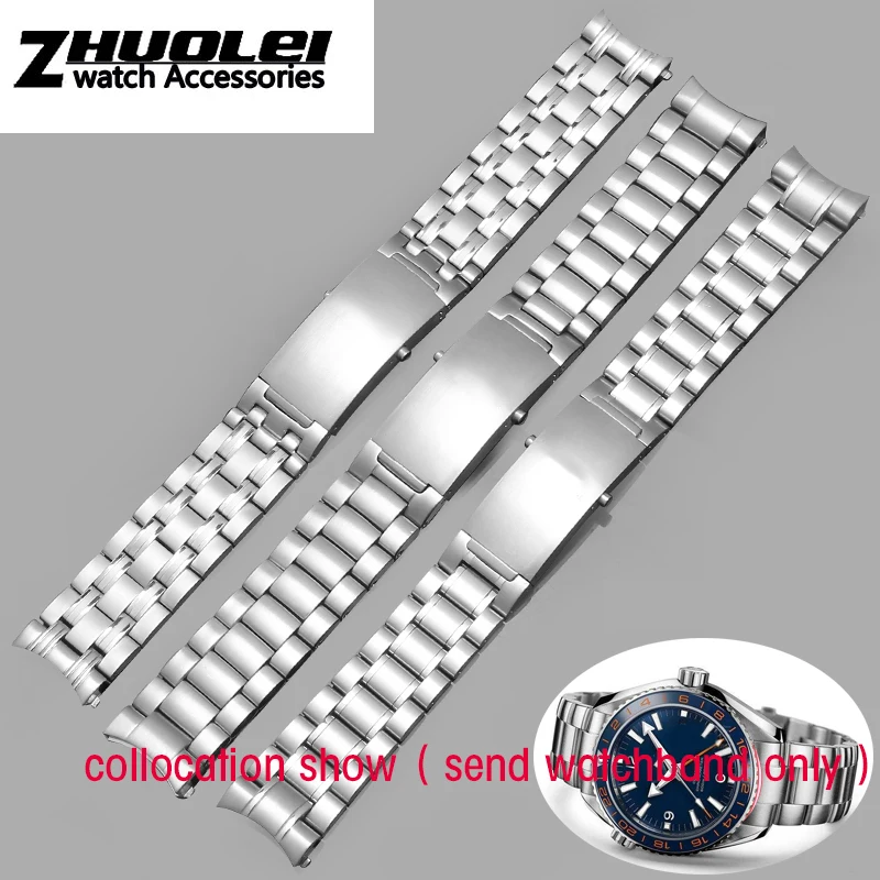 

For O-mega 007 wristband 18mm 22mm 20mm Silver Stainless Steel Solid Link Watchband Strap Folding Clasp Safety Men Correa De Rel