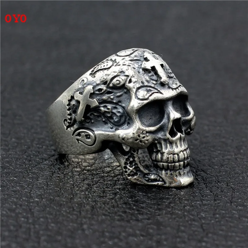 

new 100% S925 pure silver skull ring man Thai silver men's ring handmade cross ghost head male models domineering