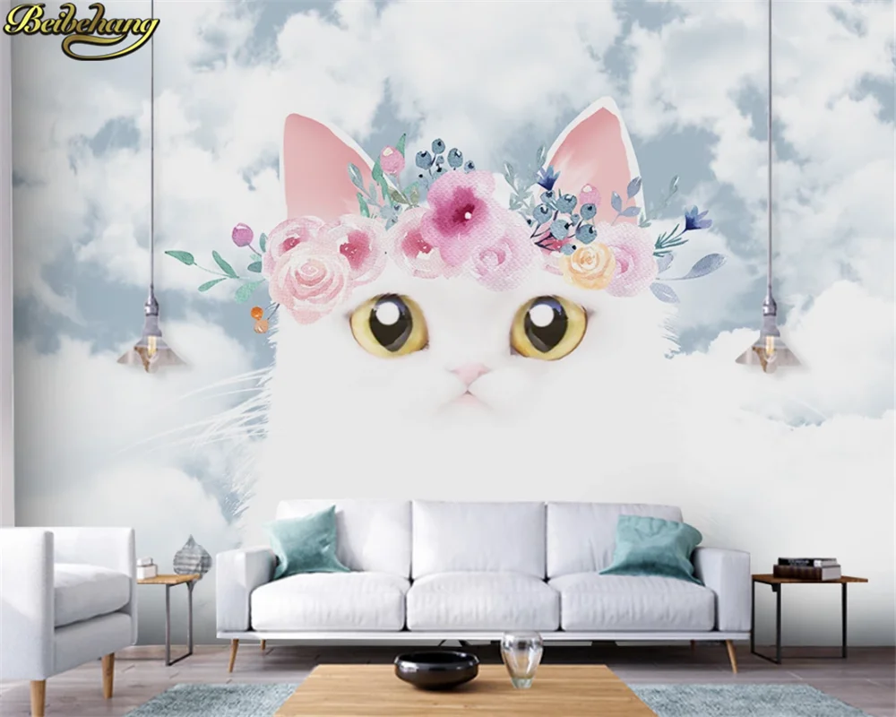 beibehang Custom wallpaper mural modern nordic cartoon cute kitten children room sky bedroom background wall papel de parede