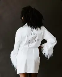 Custom Bride Robe Customize Bride With Feather Dressing Gown Personalise Mrs White Women's Kimono Robes Wedding Kimono For Woman