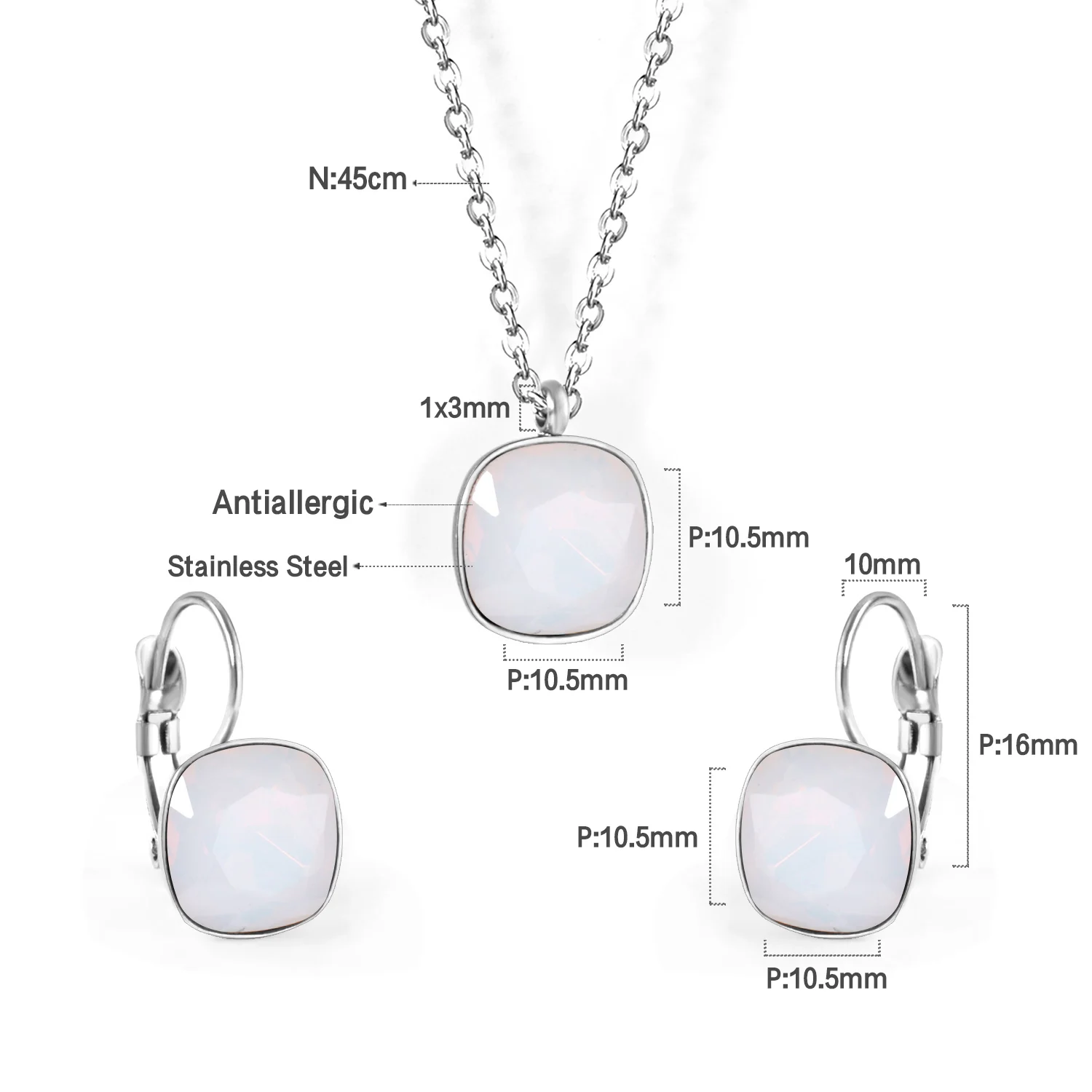 Square Multiple Color Crystal Pendant Necklace & Earrings Set