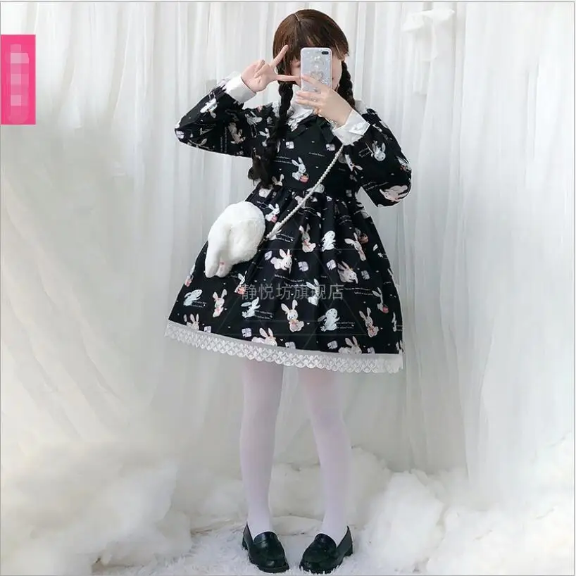 

Japanese sweet new Lolita dress retro Gothic Girls rabbit print long /short sleeve black Kawaii Cos Loli tea party dress