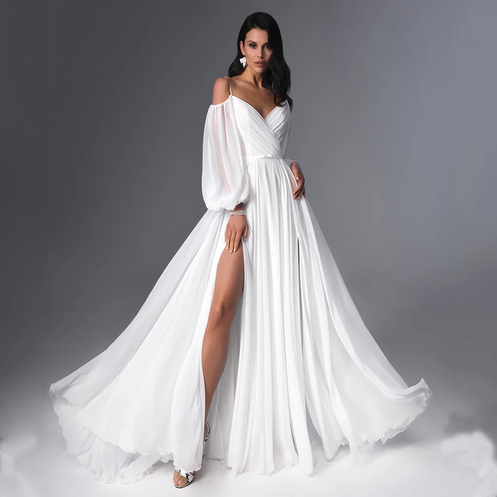 White Simple Wedding Dresses Sexy Spaghetti Strapls V Neck Ruched Pleat A Line Beach Bridal Gown Robe De Mariee with High Slit