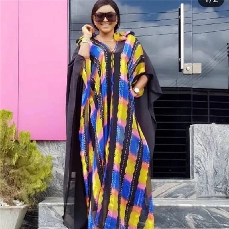 Vestido muçulmano abaya dubai africano 2020, vestido longo feminino estampado e colorido, comprimento 145 cm