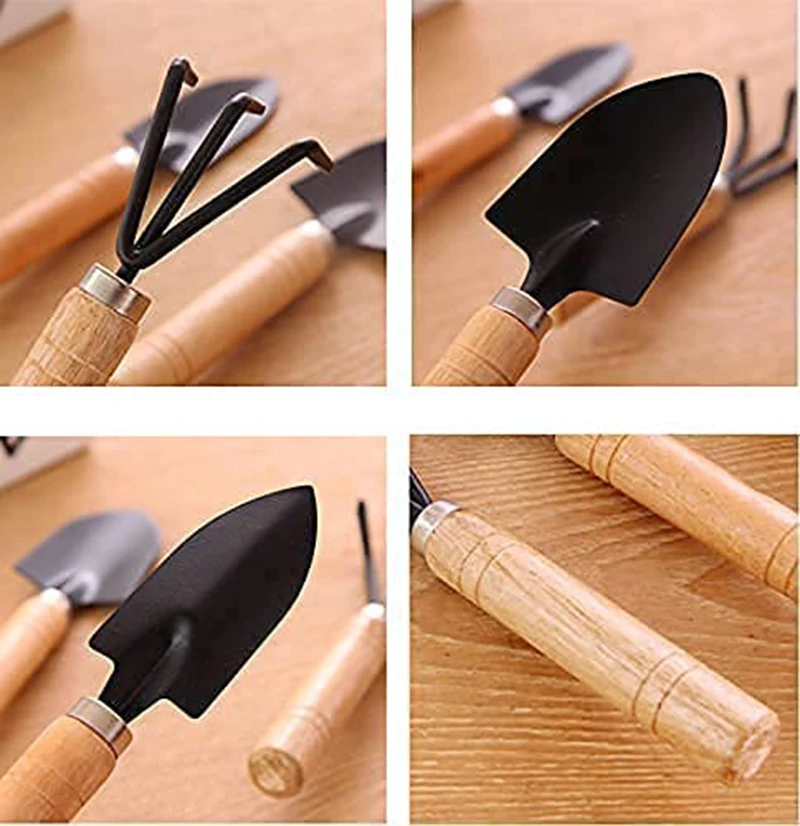 SenNan 3pcs Mini Garden Shovel Rake Spade Erramientas Bonsai Tools Set Wooden Handle For Flowers Potted Plant Garden Tools Set A