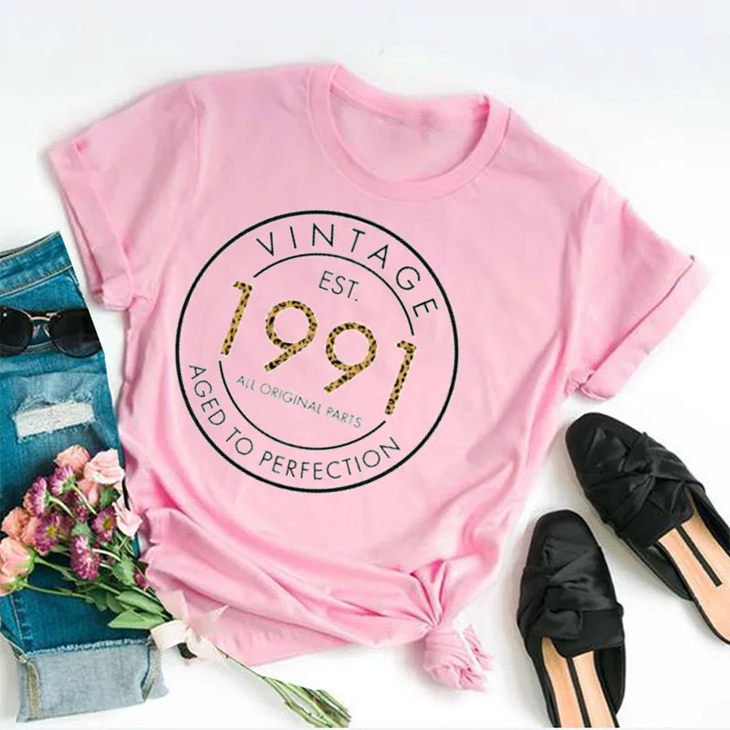 Vintage 1991 Birthday Shirt, Leopard 31Th Leopard Fashion Casual  100%Cotton Round Neck Female Short Sleeve y2k Drop shipping