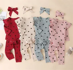 Blotona Newborn Baby Ribbed Suit Girl Boy Heart Print Crew Neck Long Sleeve Romper Top+Long Pants+Hairband 3Pcs Outfits 0-24M