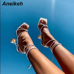 Aneikeh Summer Woman Shoes Sandals Basic Pu Fashion Cross-tied Spike Heels Lace-Up Party Pumps size 35- 42 Black White Apricot