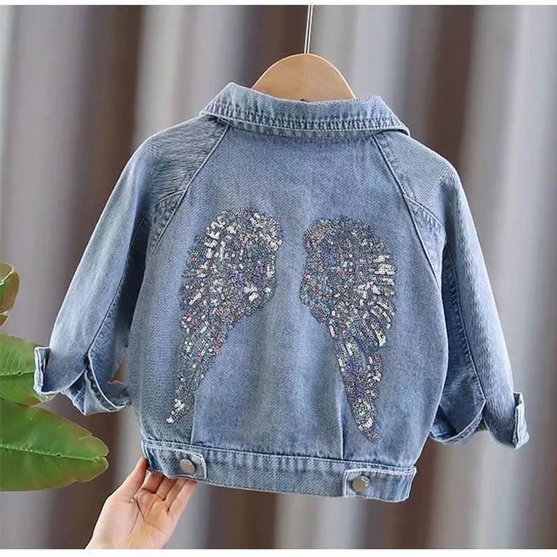 New Children Denim Jackets Trench Jean sequins Jackets Girls Kids clothing baby Lace coat Casual outerwear Spring Autumn 1-5year