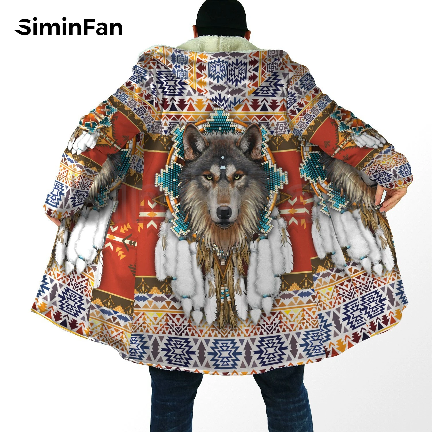 Tribal Style Night Wolf 3D Printed Mens Hooded Cloak Windbreaker Winter Thick Flannel Coat Unisex Casual Cashmere Warm Jacket H4