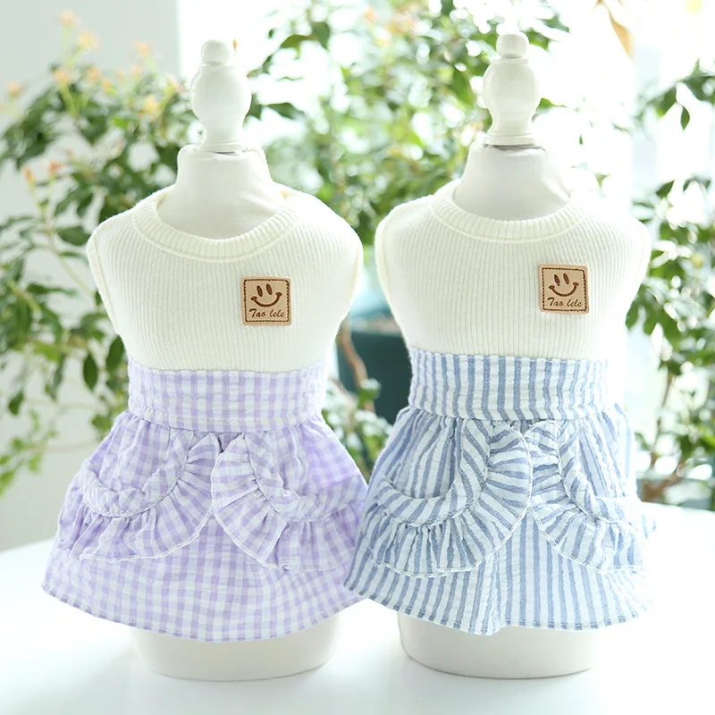 

Smiley Label Pocket Skirt Dog Dress Pet Products Summer Cotton Clothing For Dogs Cats Rabbit Chihuahua Teddy Dog Clothes 2021