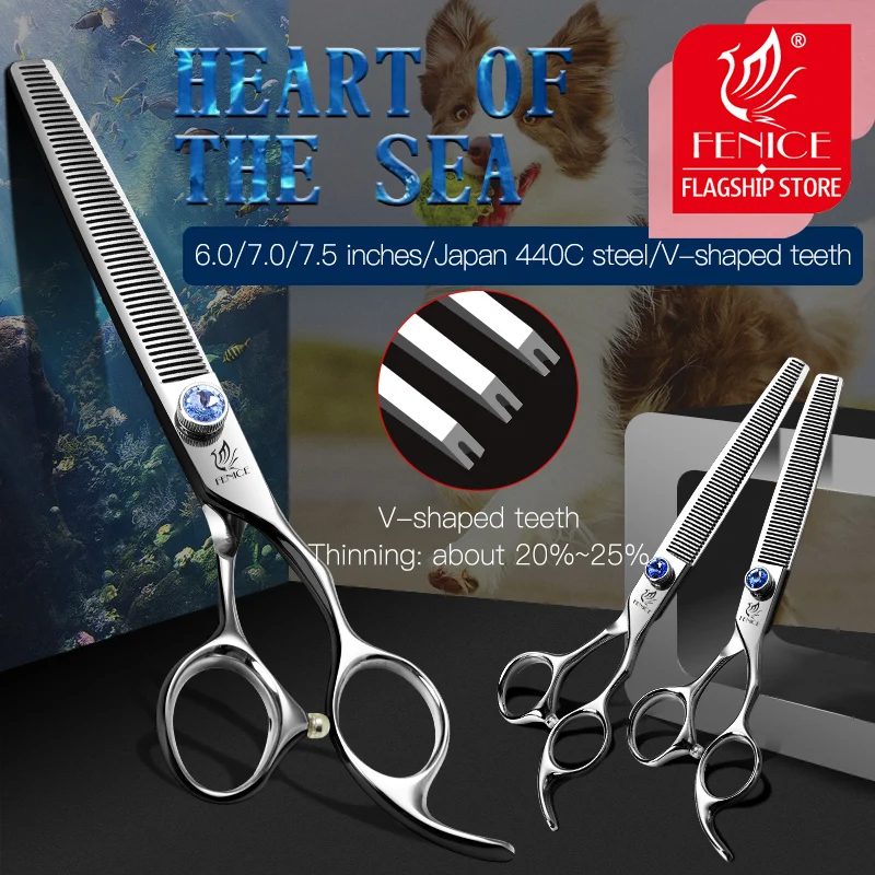 Fenice Pet hair thinning Scissors 7.0 7.5 inch Professional Japan 440c shears for dog grooming cutting