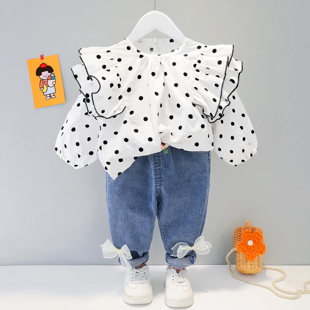 Cute Clothes for Kid Baby Girl Outfit Set Fashion Dot Lace Collar + Long Denim Bows Trousers Children Clothing 1 2 3 4 Years