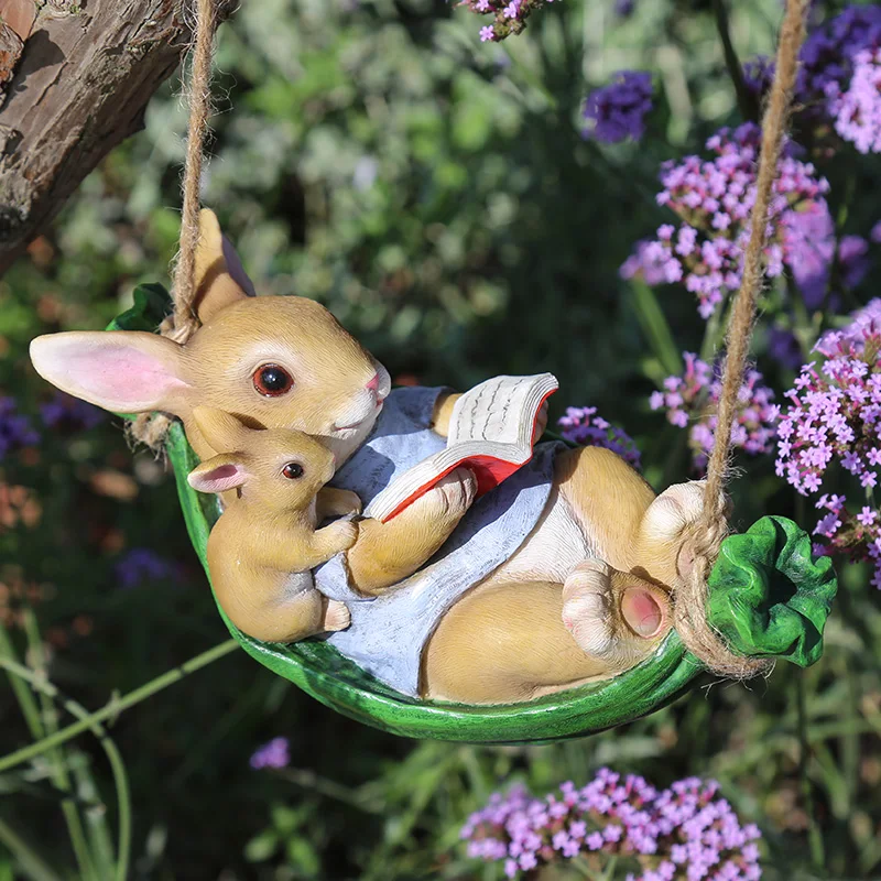 Creative Cute Rabbit Resin Crafts, Fairy Garden Tree Animal Swing Bunny, Miniature Figurines, Home Decoration Accessories