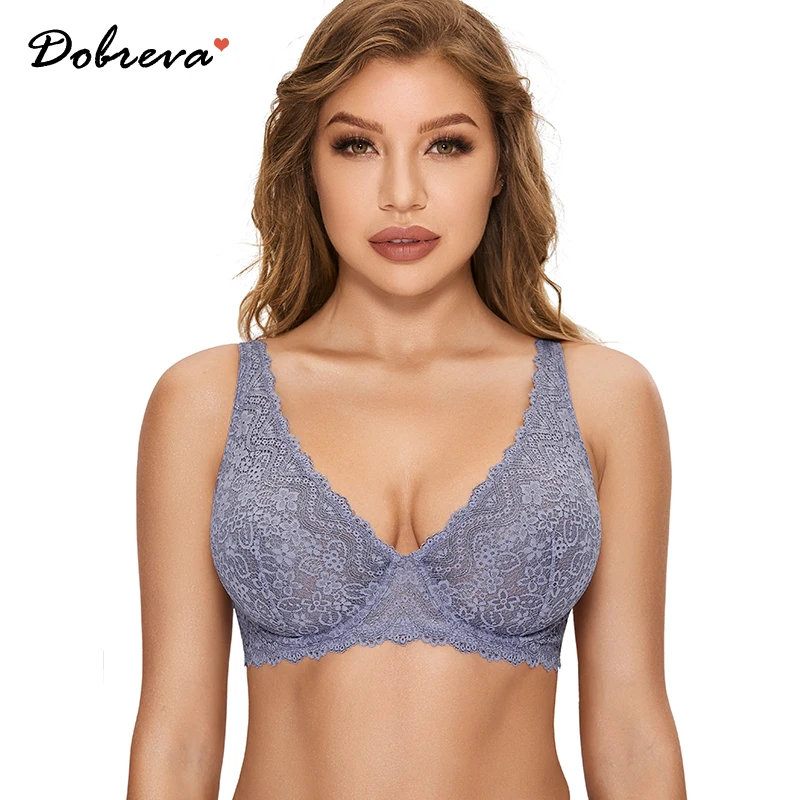 DOBREVA Women\'s Sexy Lace Bra See Through Bralette Plunge Plus Size Lingerie Unlined Underwire Transparent Bras D DD E F