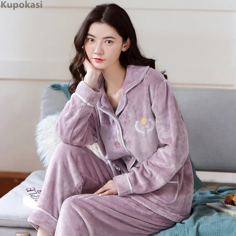 

Kupokasi Thick Flannel Pajamas Set 2 Pieces Female Winter Sleepwear Printing Long-Sleeved Trousers Warm Woman Homewear