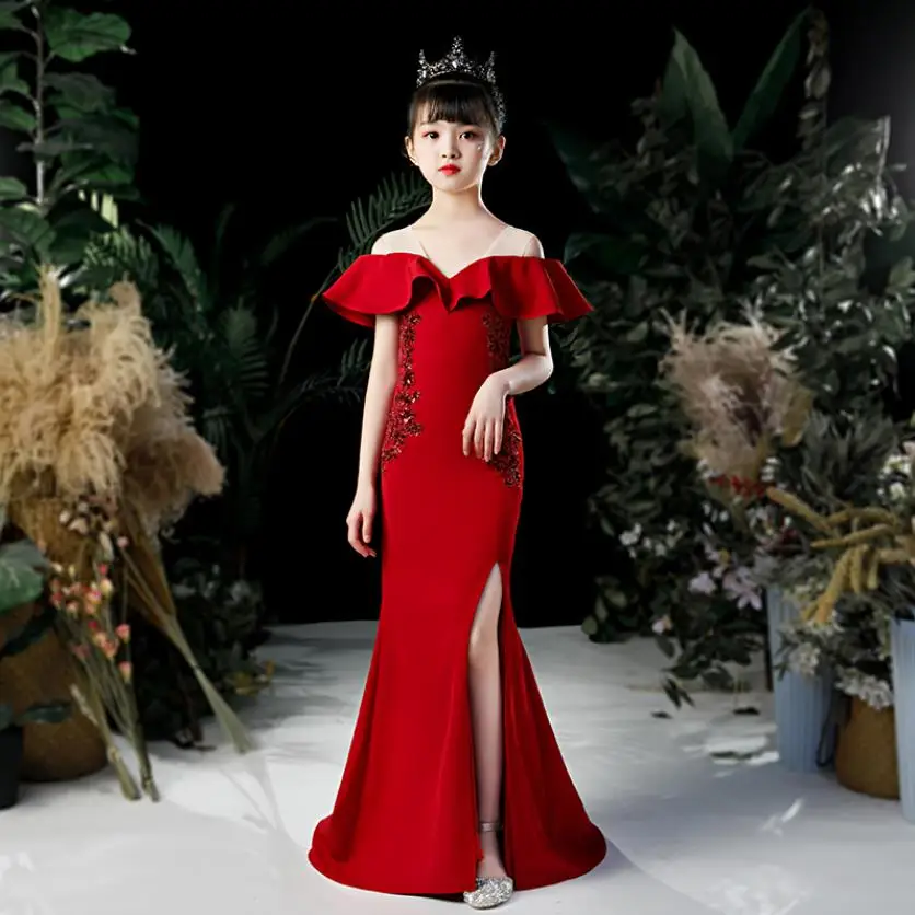 Red Elegant Princess Evening Dress Sexy Off Shoulder Ruffle Formal Gowns Catwalk Sequined Mermaid Backless Dress For girls Y2835